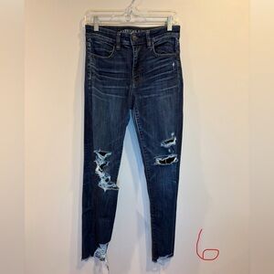 American Eagle Outfitters Ripped Skinny Jeans in Dark Blue Wash